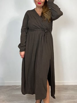 Muślinowa Sukienka Plus Size 42 44 46 48 Brązowa