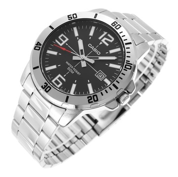 Casio zegarek męski MTP-VD01D-1B STALOWA BRANSOLETA, CZARNA TARCZA, 5 ATM