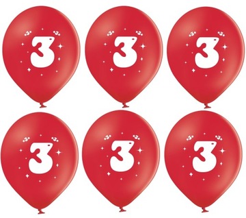 Balony Z Nadrukiem Cyfra 3 Czerwony 6 sztuk