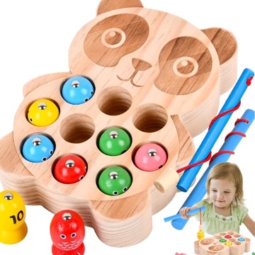 GRA ŁOWIENIE RYBEK ryb MAGNETYCZNA 2 x WĘDKA ZŁAP ROBACZKA DREWNIANA RYBKI