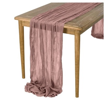 BIEŻNIK BOHO marszczony PUDROWY RÓŻOWY RÓŻ na stół delikatny 90x300 cm