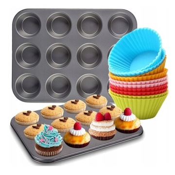 FORMA BLACHA NA MUFFINKI + 12 SILIKONOWYCH FOREMEK