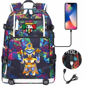 Plecak Brawl Stars Paragon Mecha Colt z ładowaniem USB. Duża pojemność