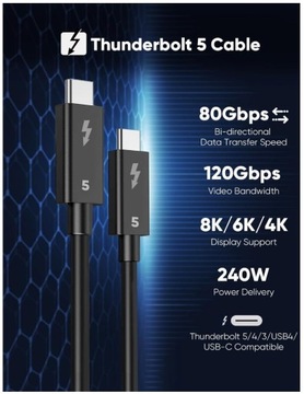 Kabel Thunderbolt 5 USB-C 80 Gb/s 240W 0,5M działa z Thunderbolt 3 4 USB 4