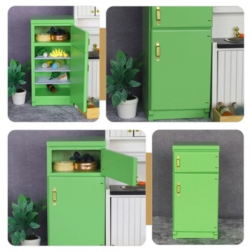 Миниатюрный холодильник с кукольными игрушками.