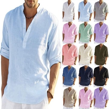 Męskie lniane koszule plażowe Bawełniana luźna koszula z długim rękawem