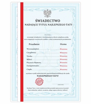 ŚWIADECTWO Z PASKIEM NA DZIEŃ OJCA NAJLEPSZY TATA PREZENT ŻYCZENIA A4 MAT