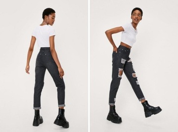 E006F6 CZARNE PROSTE SPODNIE JEANSOWE DZIURY PODWIJANE NOGAWKI NASTY GAL 40