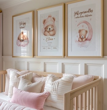 Zestaw 3 plakaty A4 misie z balonami róż dla dziewczynki imię Różne wzory