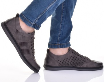 LEKKIE SPORTOWE MĘSKIE BUTY PRZEWIEWNE SZARE SKÓRZANE WYGODNE
