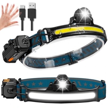 MOCNA LATARKA CZOŁOWA CZOŁÓWKA 2x LED PASEK COB + XM-L2 CZUJNIK RUCHU ZOOM