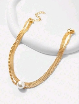 Naszyjnik złoty szeroki ażurowy choker 2 w 1 z cyrkoniami z perłą
