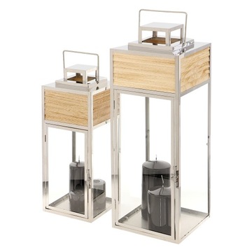 Duża srebrna latarnia lampion chrom+drewno 2w1 68c