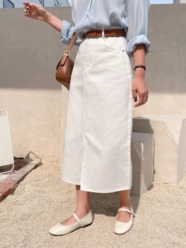 SPÓDNICA JEANSOWA BIAŁA PROSTA CASUAL MIDI L 1ŁTA