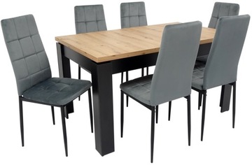 Stół 80x140/180 cm i 6 krzeseł welurowe szare