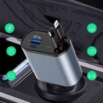 WYSUWANA ŁADOWARKA SAMOCHODOWA OBROTOWA 120 W USB-C+ OŚWIETLENIE ZAPALNICZKA