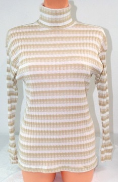 Stylowy klasyczny golf sweter w prążek beż paski L