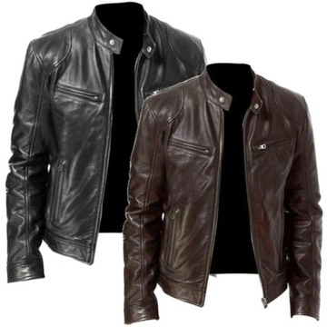 Fashion Mens Leather Jacket Slim Fit Stand Collar