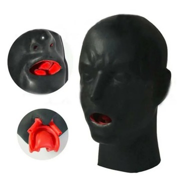 Bondage maska mężczyźni czarna maska lateksowa z czerwonymi zębami Gag Nose