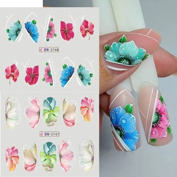 ВОДНЫЕ НАКЛЕЙКИ для украшения ногтей, лист из 12 рисунков, цветы, летние украшения