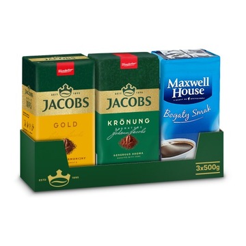 Kawa mielona zestaw Maxwell House 500g, Jacobs Gold, Kronung 500g