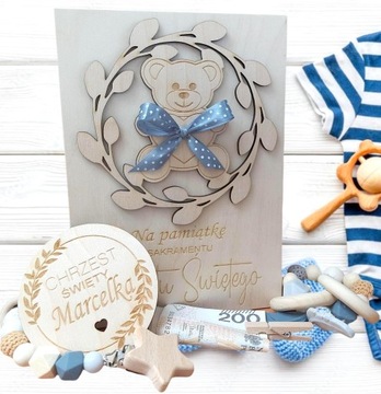 Pamiątka Chrztu z drewnianymi akcesoriami KOMPLET