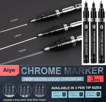 liquid MARKERY srebrne CHROME za zestaw 3szt metaliczne SILVER 3 GRUBOŚCI