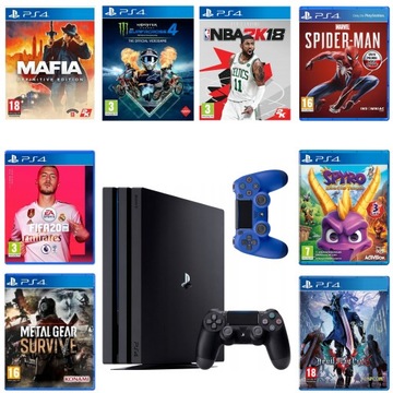 MEGAZESTAW PlayStation 4 PS4 PRO 1TB + 2 Pady Sony + 8 GIER