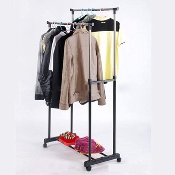 ДВОЙНАЯ ВЕШАЛКА ДЛЯ ОДЕЖДЫ НА КОЛЕСАХ, РЕГУЛИРУЕМАЯ МЕТАЛЛ.