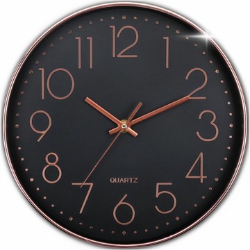 ZEGAR ŚCIENNY DUŻY OKRĄGŁY NOWOCZESNY CZYTELNY 30 cm CZARNY RÓŻOWE ZŁOTO