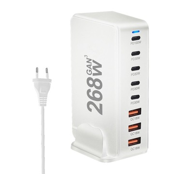 8-portowa ładowarka USB-C PD GaN o mocy 268 W Wtyczka EU PD3.0 QC3.0 Szybkie ładowanie na biurku