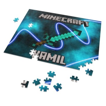 Puzzle + IMIĘ + pudełko MINECRAFT A4 110 el