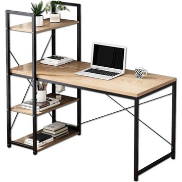 BIURKO METALOWE STOLIK Z REGAŁEM PÓŁKAMI INDUSTRIALNE LOFT DĄB JASNY 120 cm