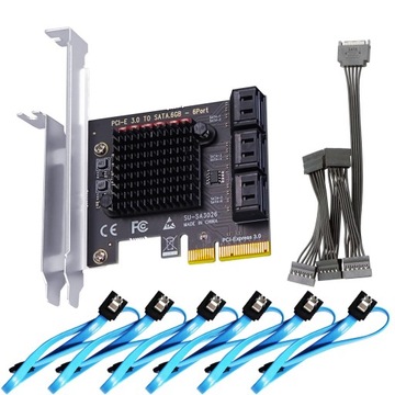 6-portowa karta rozszerzeń PCIe X4 SATA 3.0, kabel SATA i kabel zasilający