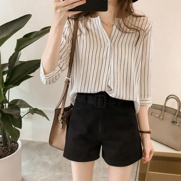 Women Shirt Striped Print V-neck 3/4 Sleeves V Nec