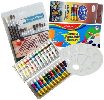 AKRYLOWE GWASZE PALETA PEDZLE FARBY ZESTAW 24x12ml