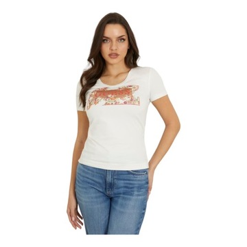 GUESS KOSZULKA DAMSKA T-SHIRT SS VN LOGO FLOWERS T ECRU r.S