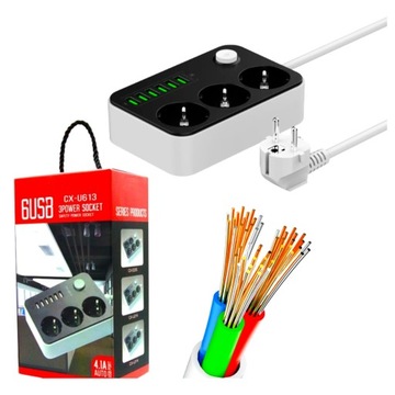 УДЛИНИТЕЛЬ ПИТАНИЯ 3 РОЗЕТКИ + 6 USB МИНИ-СТРИП 6 USB 3 РОЗЕТКИ
