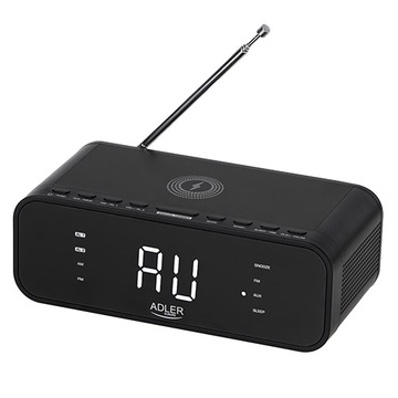 RADIOBUDZIK ŁADOWARKA INDUKCYJNA ZEGAR BLUETOOTH FM AUX 30 STACJI Czarny
