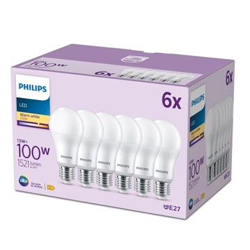 PHILIPS ZESTAW 6x Żarówka LED E27 13W = 100W 2700K CIEPŁA BIAŁA 1521lm A67