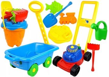 DUŻY ZESTAW DO PIASKU KOSIARKA WÓZEK WIADERKO KONEWKA FOREMKI