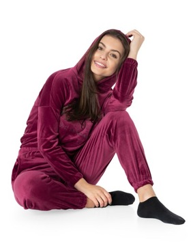 Komplet Dresowy Dres Sportowy Welurowy Damski Spodnie Bluza 3702-1 L bordo