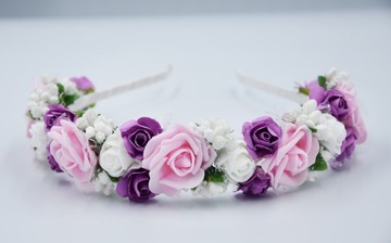 OPASKA różówa wianek komunijny kwiaty fioletowe na głowę na komunije wesele