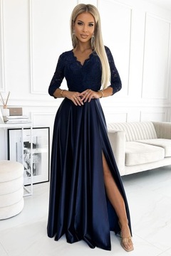 AMBER čipkované dlhé saténové šaty s výstrihom - TMAVO MODRÁ - XL