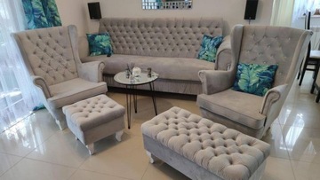 ZESTAW SKANYNAWSKI SOFA + 2+ FOTELE+2 podnóżki