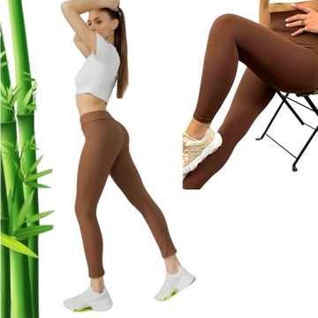 LEGGINSY PRĄŻKOWANE modelujące Z WYSOKIM STANEM bambusowe DŁUGIE L/XL