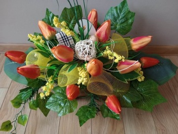 Stroik na cmentarz GRÓB kompozycja KOMPLET WIOSNA wielkanoc TULIPANY