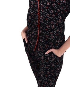Piżama damska koszula na guziki i długie spodnie czarno-czerwona w serca L
