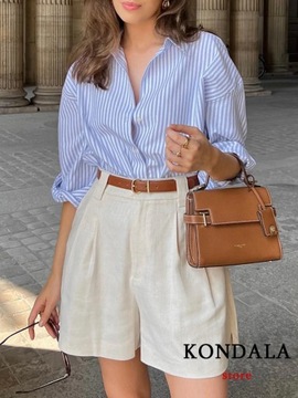 KONDALA Casual Striped Print V Neck Shirts Women L