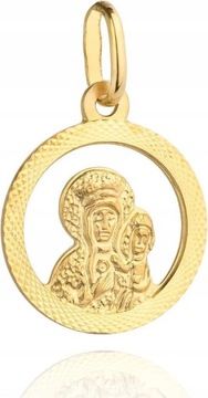 Złoty medalik 585 z Matką Boską z dzieciątkiem na ręku w diamentowanym kole